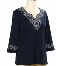 N Touch N Touch Navy V-Neck Embroidered  3/4 Sleeve Top