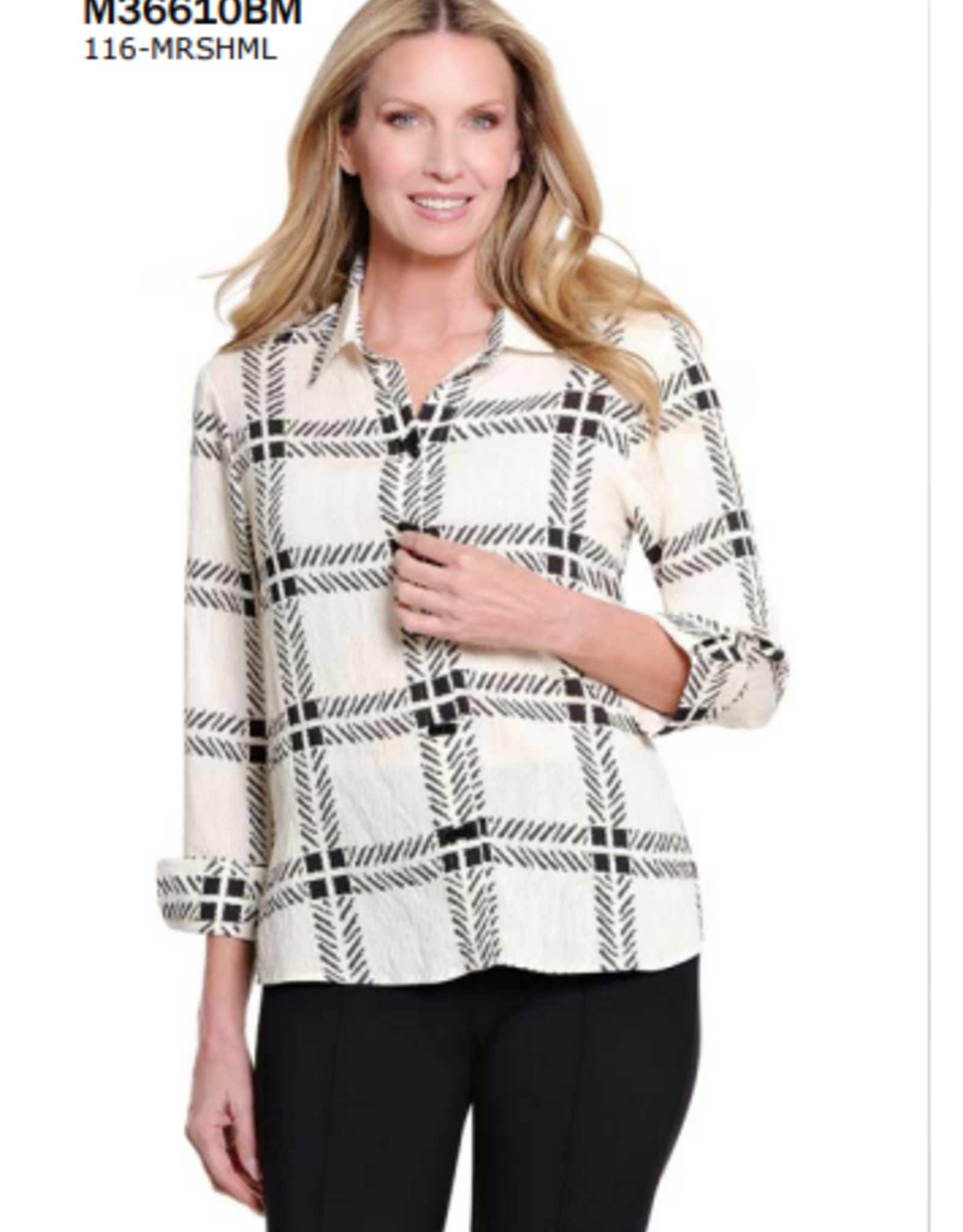 Sharon Young Inc Multiples  Marsh Mellow Print  3/4 Sleeve  Button Up Top