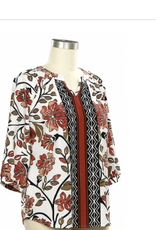 Links Links Coral Waffle Black Print  Notch Neck 3/4 Sleeve Top