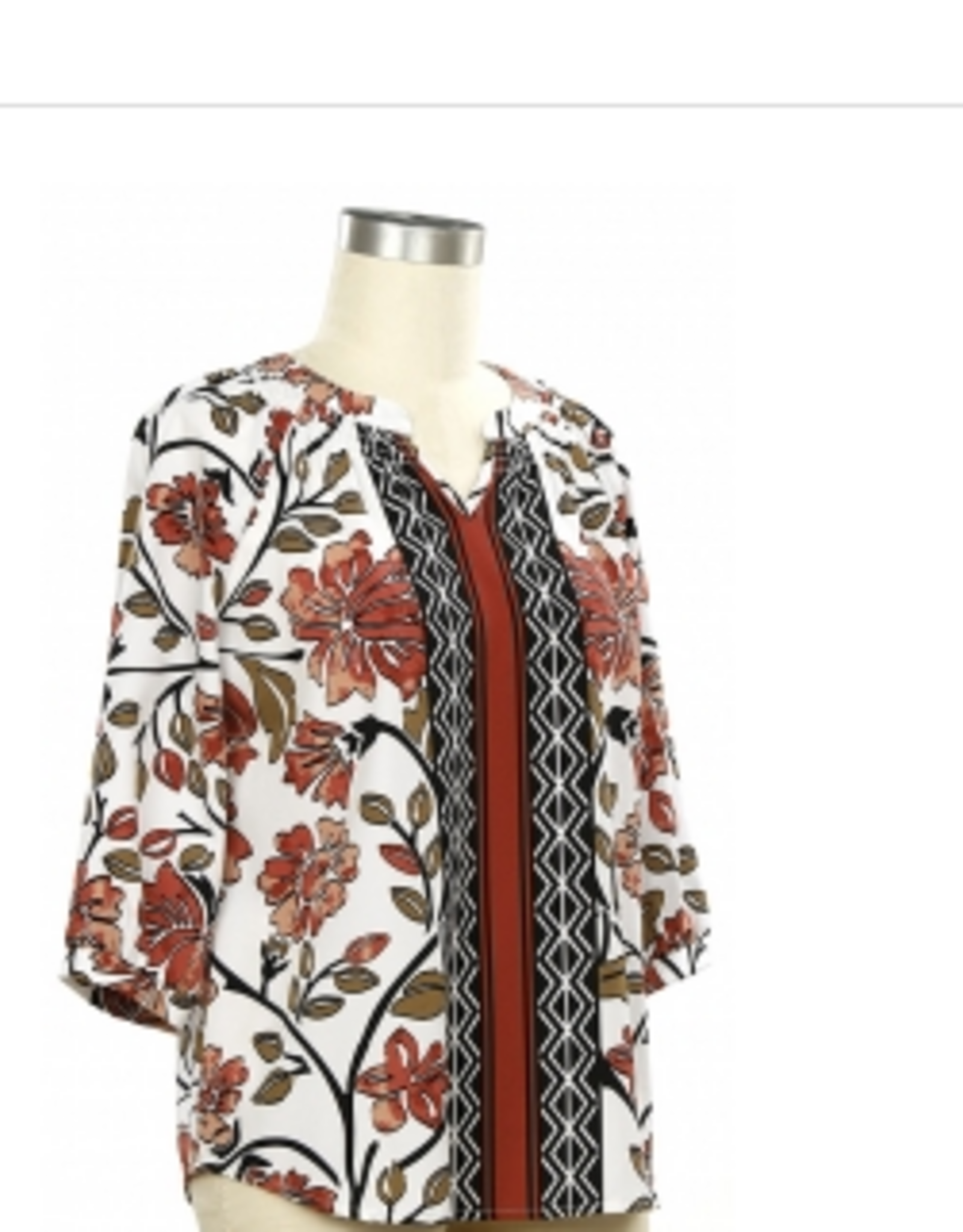 Links Links Coral Waffle Black Print  Notch Neck 3/4 Sleeve Top