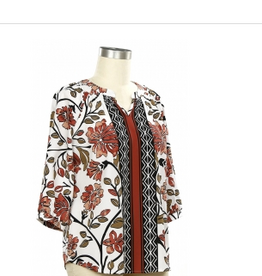 Links Links Coral Waffle Black Print  Notch Neck 3/4 Sleeve Top