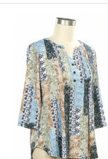 Southern Lady Southern Lad  Navy Beret Tan Print  Notch Neck 3/4 Sleeve Petite Top