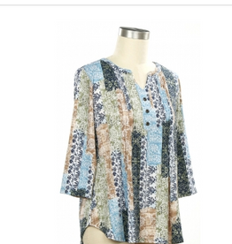 Southern Lady Southern Lady Navy Beret Tan Print  Notch Neck 3/4 Sleeve Petite Top