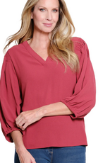 Sharon Young Inc Multiples Brick Banded V-Neck 3/4 Puff Sleeve  Crinkle Top