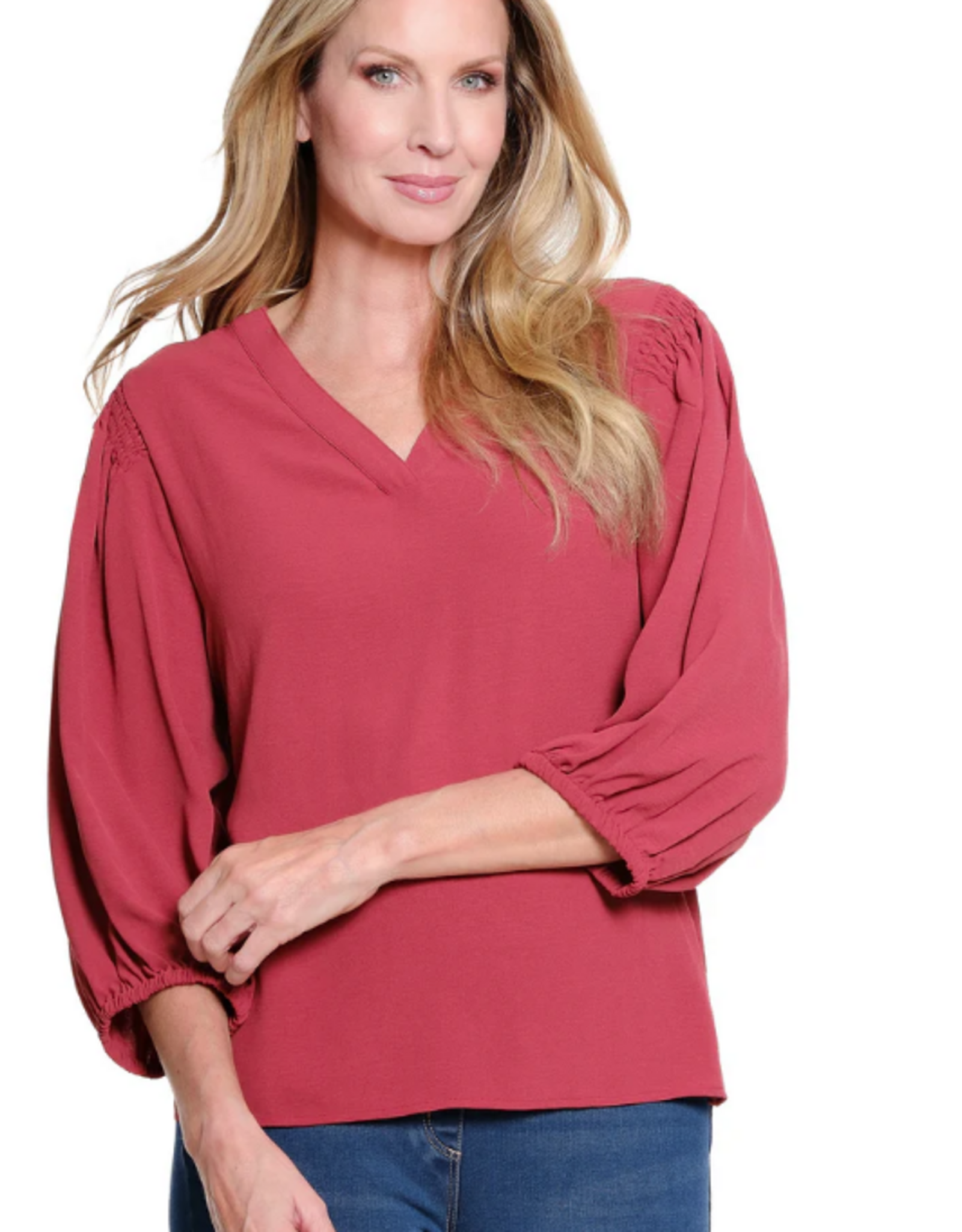 Sharon Young Inc Multiples Brick Banded V-Neck 3/4 Puff Sleeve  Crinkle Top