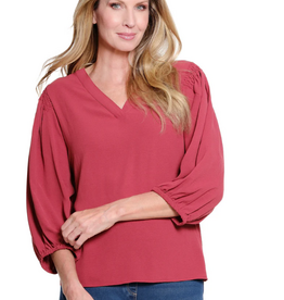 Sharon Young Inc Multiples Brick Banded V-Neck 3/4 Puff Sleeve  Crinkle Top