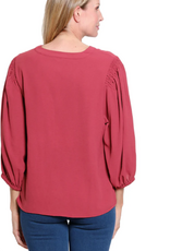 Sharon Young Inc Multiples Brick Banded V-Neck 3/4 Puff Sleeve  Crinkle Top