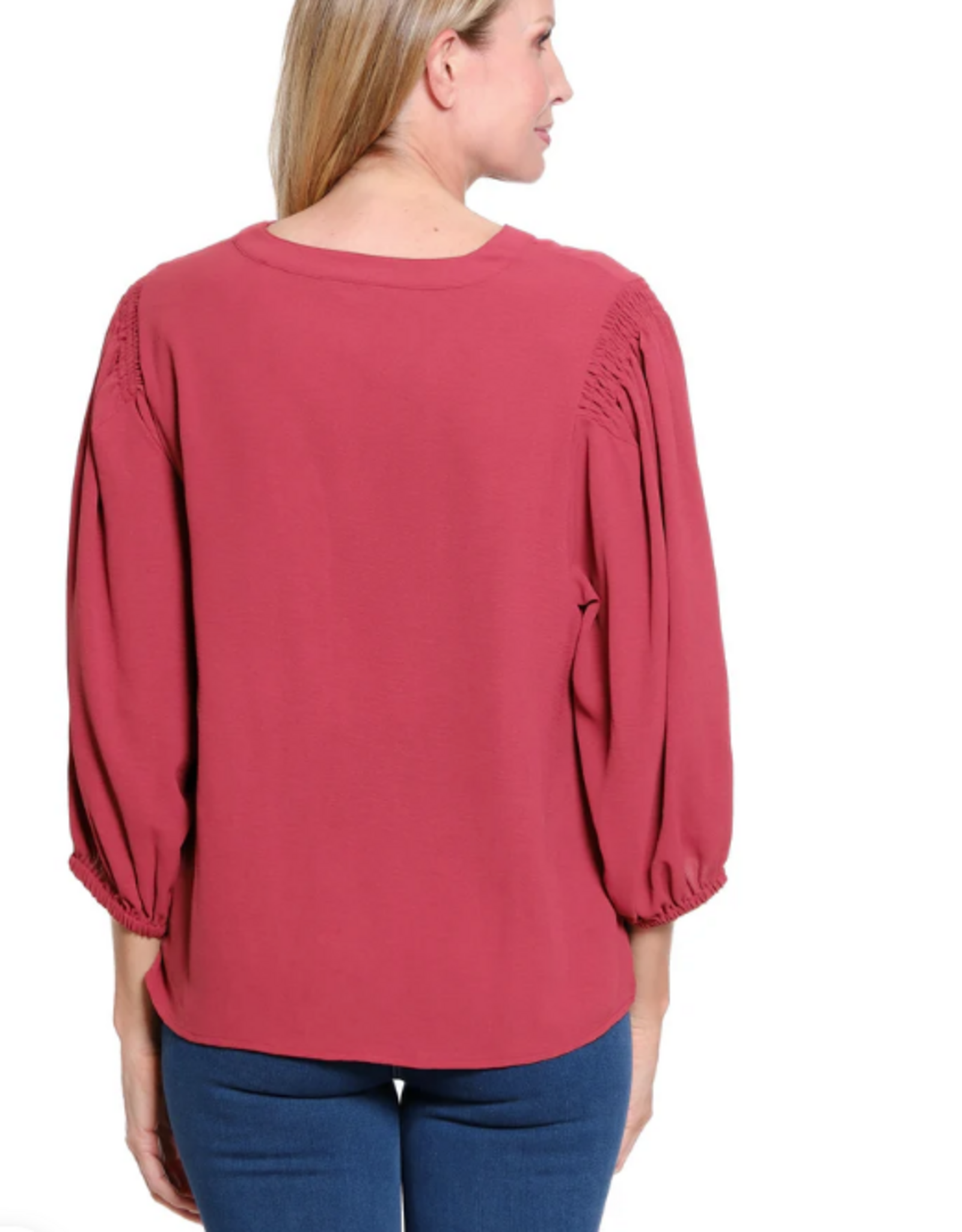 Sharon Young Inc Multiples Brick Banded V-Neck 3/4 Puff Sleeve  Crinkle Top