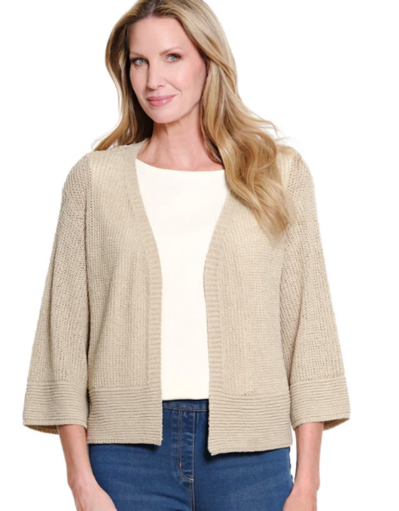 Sharon Young Inc Multiples Natural Open Front Drop Shoulder 3/4 Sleeve Cardigan
