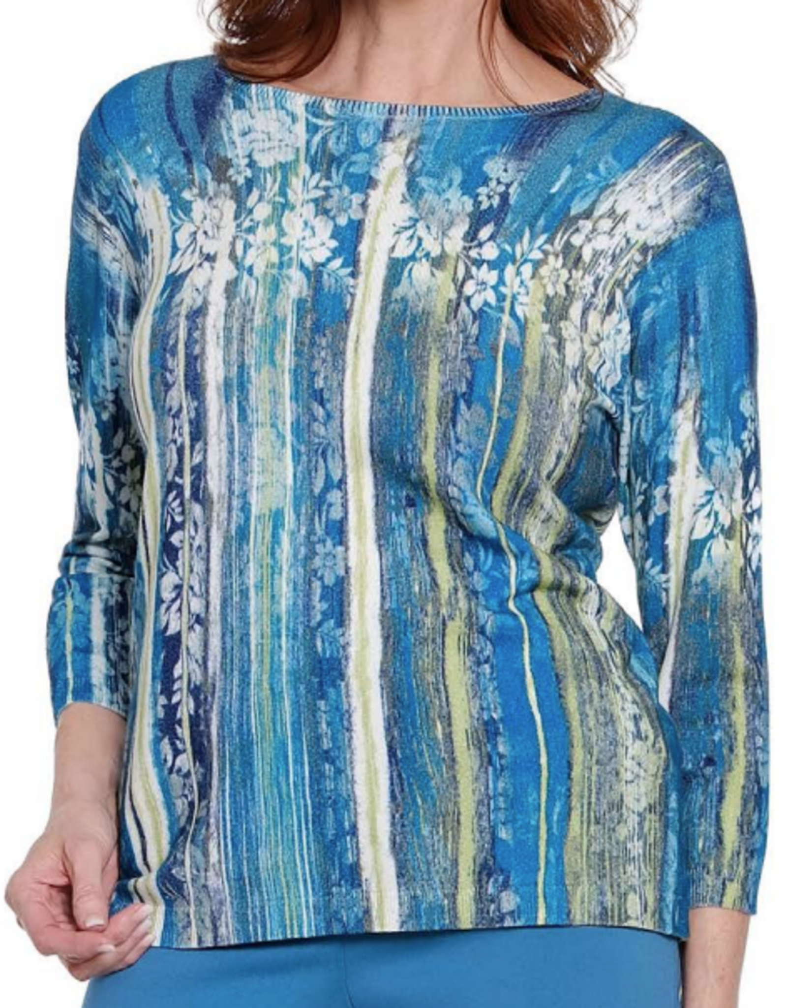 Sharon Young Inc A la carte L36216KM Multi Color Print Round Neck 3/4 Sleeve Top
