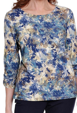 Sharon Young Inc A la carte L36218TM Water Color Leaf Print Round Neck Ruched Sleeve Top