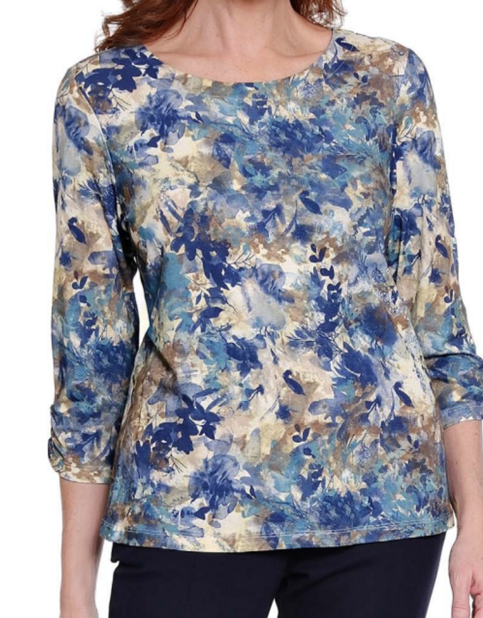 Sharon Young Inc A la carte L36218TM Water Color Leaf Print Round Neck Ruched Sleeve Top