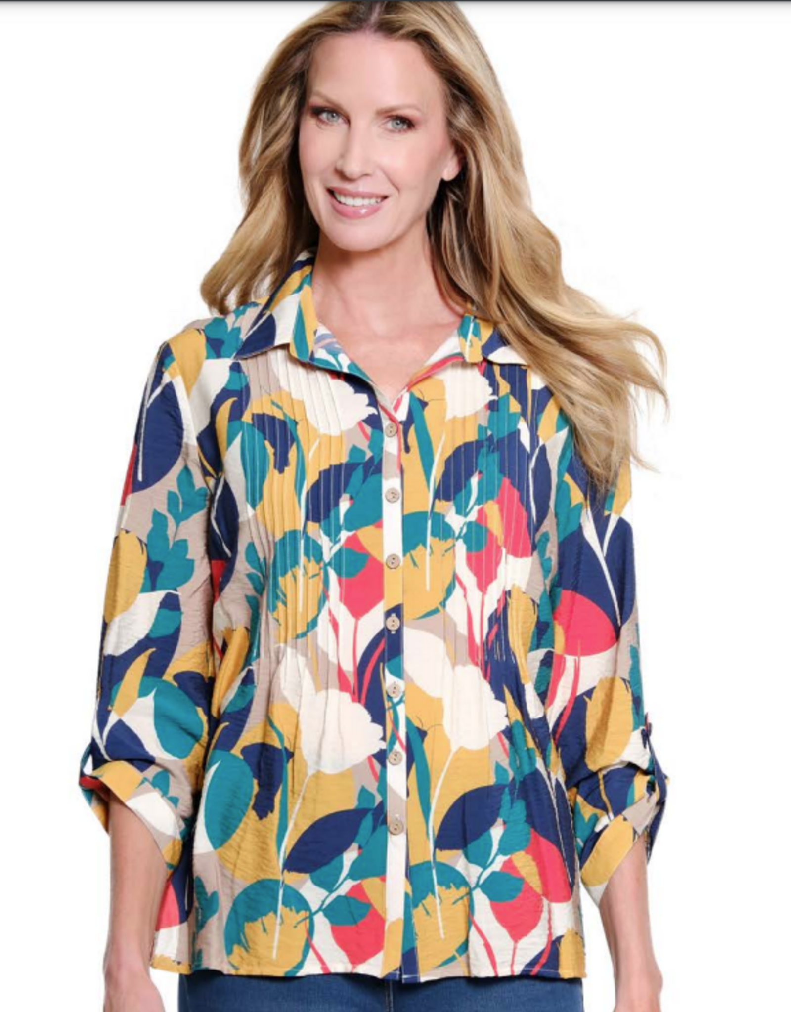 Sharon Young Inc Multiples Multi Color Print  3/4 Sleeve Button Up Top