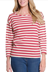 Sharon Young Inc Multiples Brick Striped  3/4 Sleeve Round Neck Top