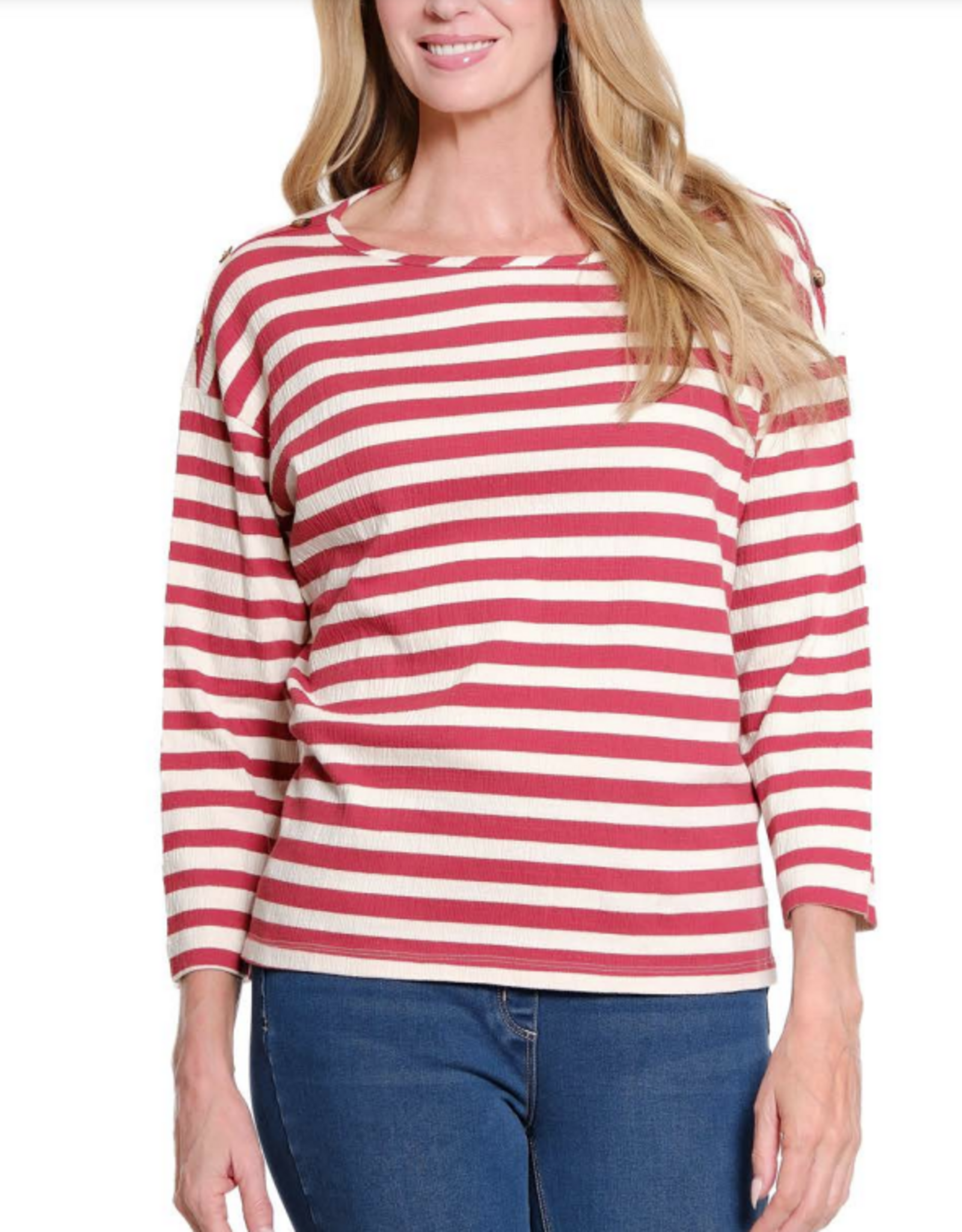 Sharon Young Inc Multiples Brick Striped  3/4 Sleeve Round Neck Top