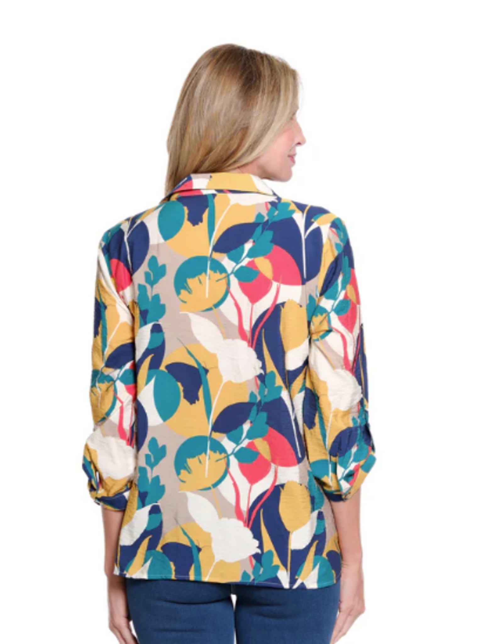 Sharon Young Inc Multiples Multi Color Print  3/4 Sleeve Button Up Top