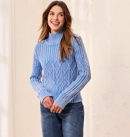 Tribal Tribal Blueaura  Cable Knit Mock Neck Special Wash Sweater