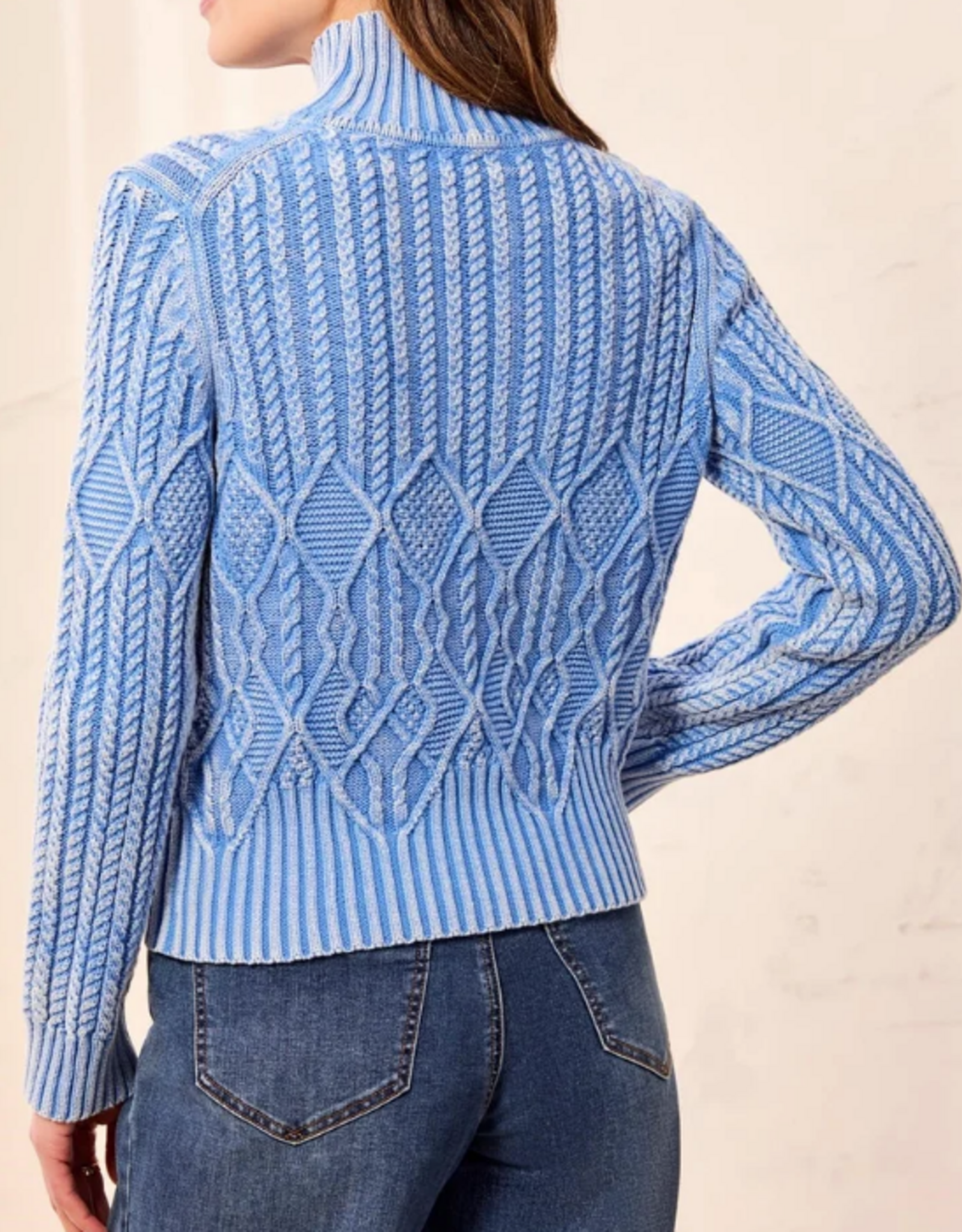 Tribal Tribal Blueaura  Cable Knit Mock Neck Special Wash Sweater