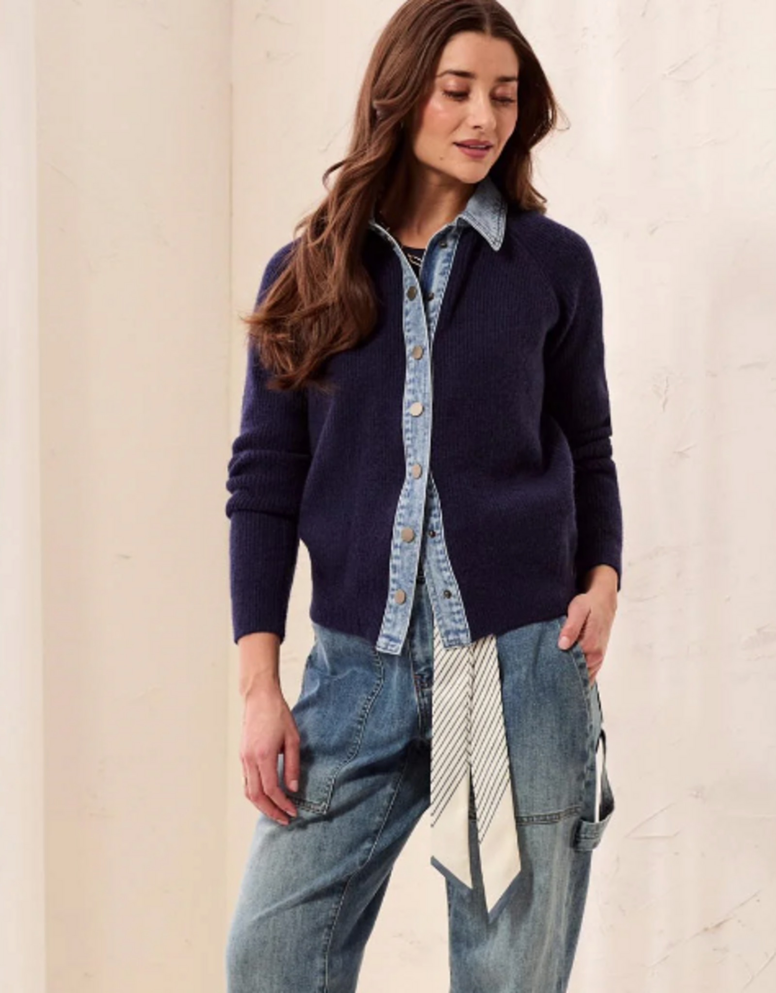 Tribal Tribal Nightfall  Sweater Jacket With Denim Trim Detail