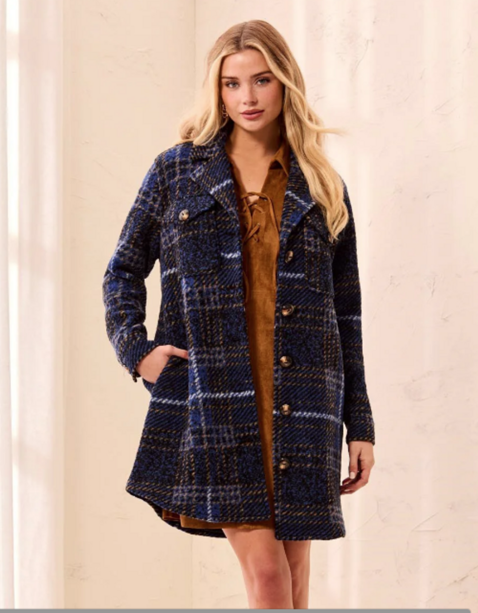 Tribal Tribal  Electric Blue Knit Plaid Notch Collar Buttoned Shacket