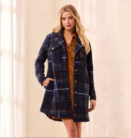 Tribal Tribal Electric Blue Knit Plaid Notch Collar Buttoned Shacket