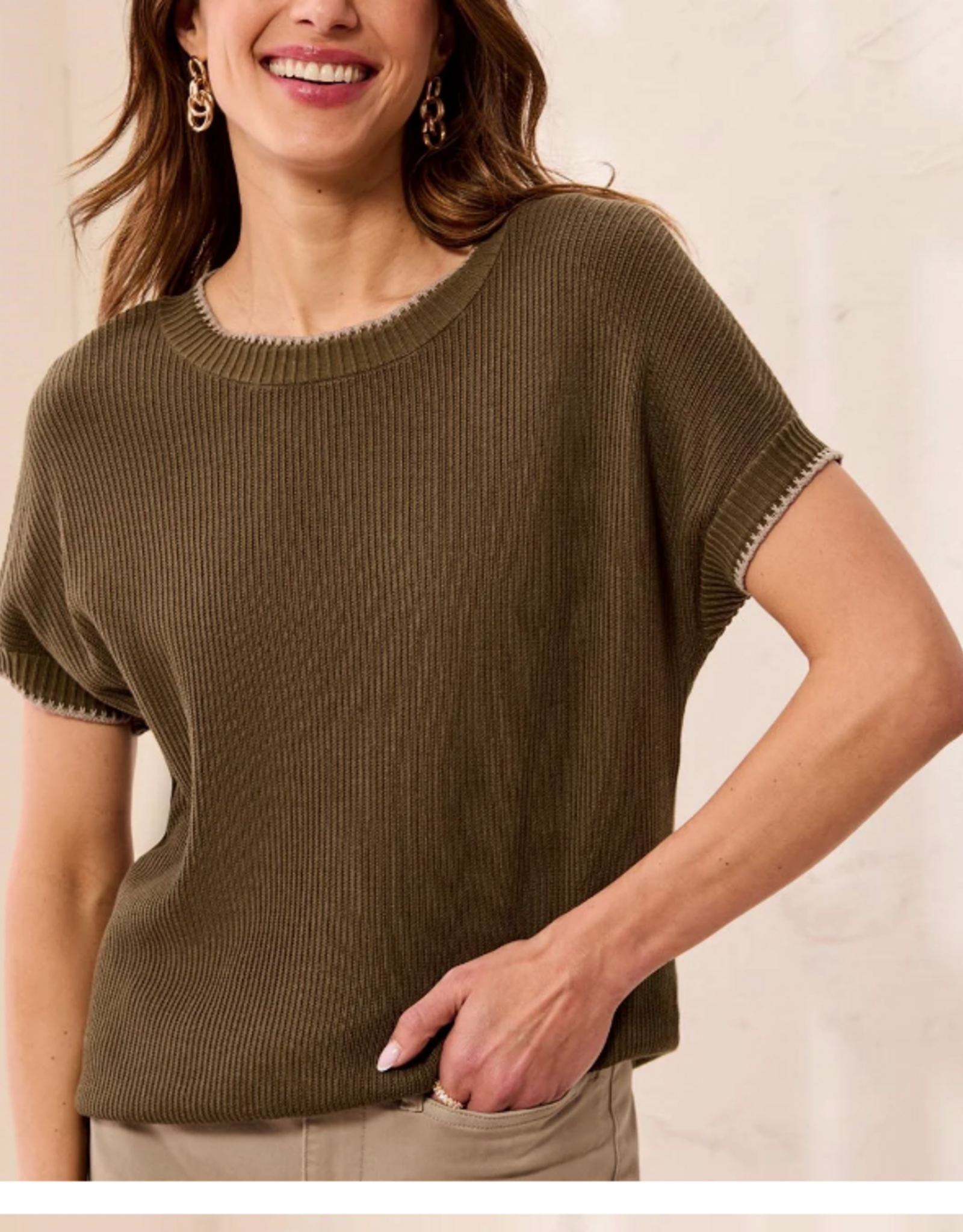 Tribal Tribal  Basil Soft Cotton Blend Cap Sleeve Top With Topstitch