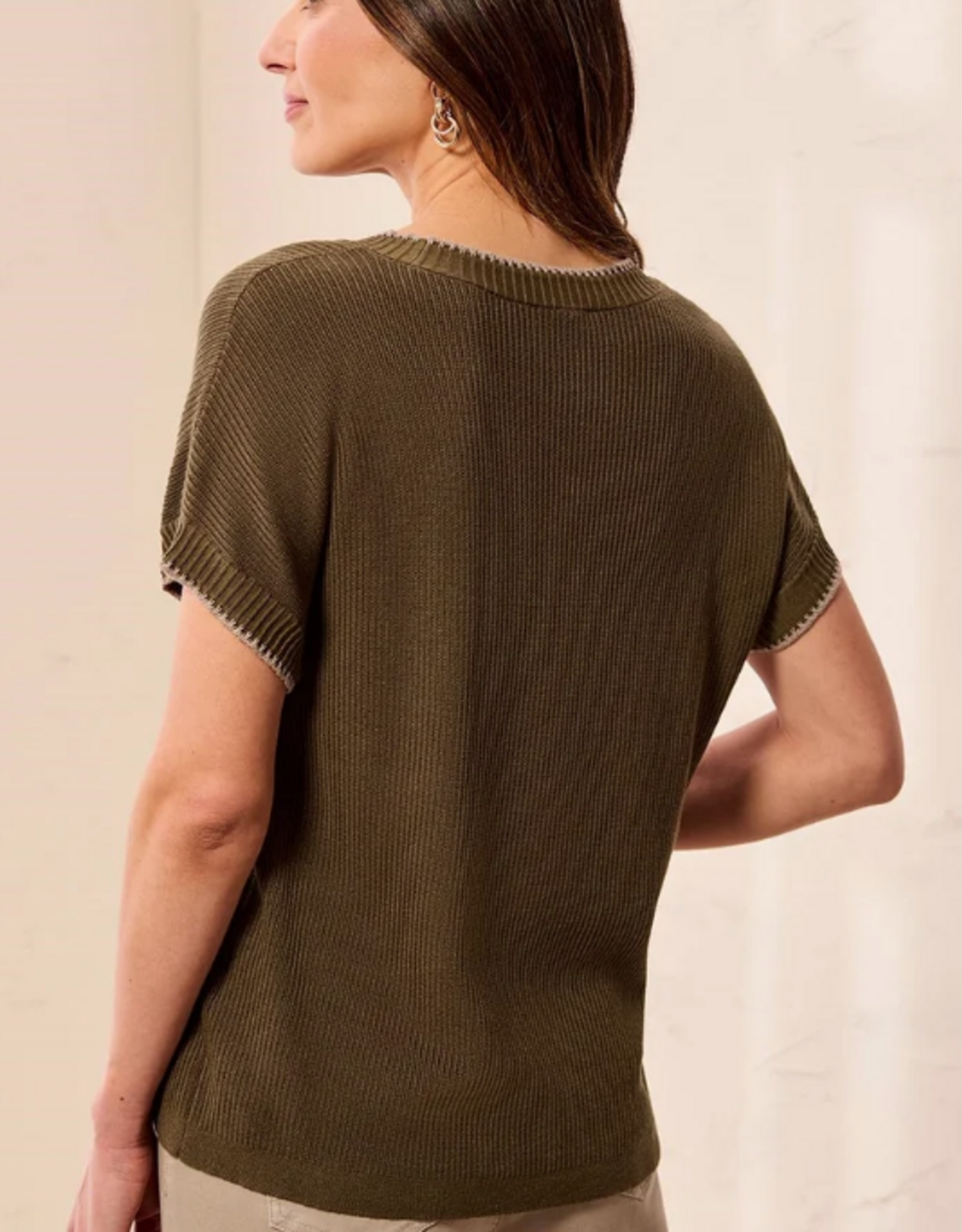 Tribal Tribal  Basil Soft Cotton Blend Cap Sleeve Top With Topstitch