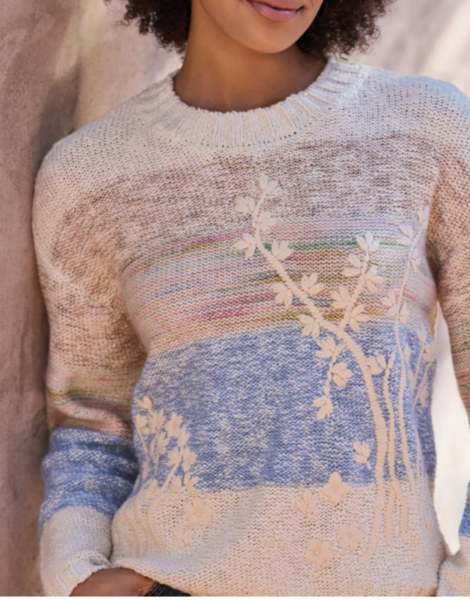 Tribal Tribal Novelty Slub Knit Embroidered Long  Sleeve Sweater
