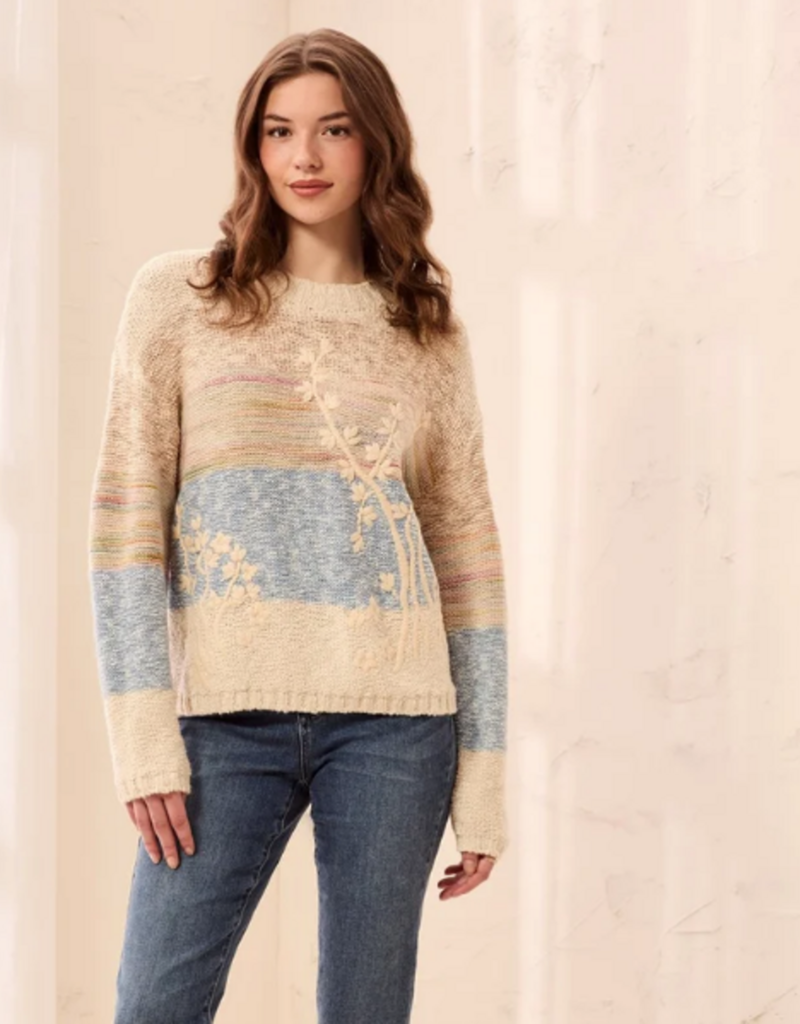 Tribal Tribal Novelty Slub Knit Embroidered Long  Sleeve Sweater