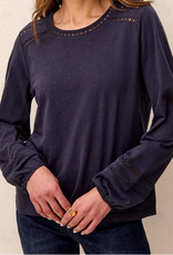 Tribal Tribal  Sapphire Round Neck Cotton Slub Eyelet Trim L/S Knit Top