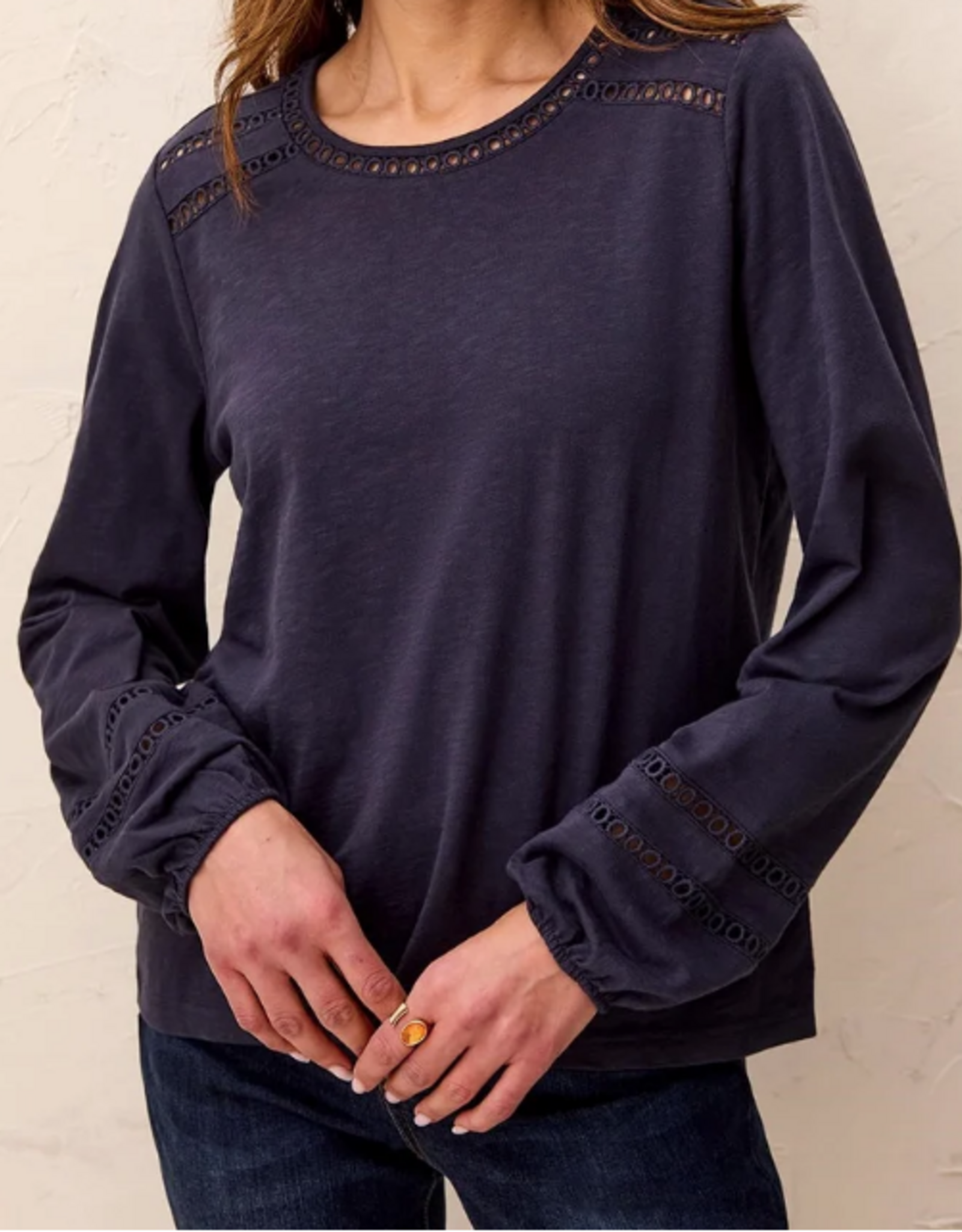 Tribal Tribal  Sapphire Round Neck Cotton Slub Eyelet Trim L/S Knit Top