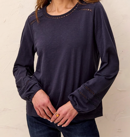 Tribal Tribal Sapphire Round Neck Cotton Slub Eyelet Trim L/S Knit Top
