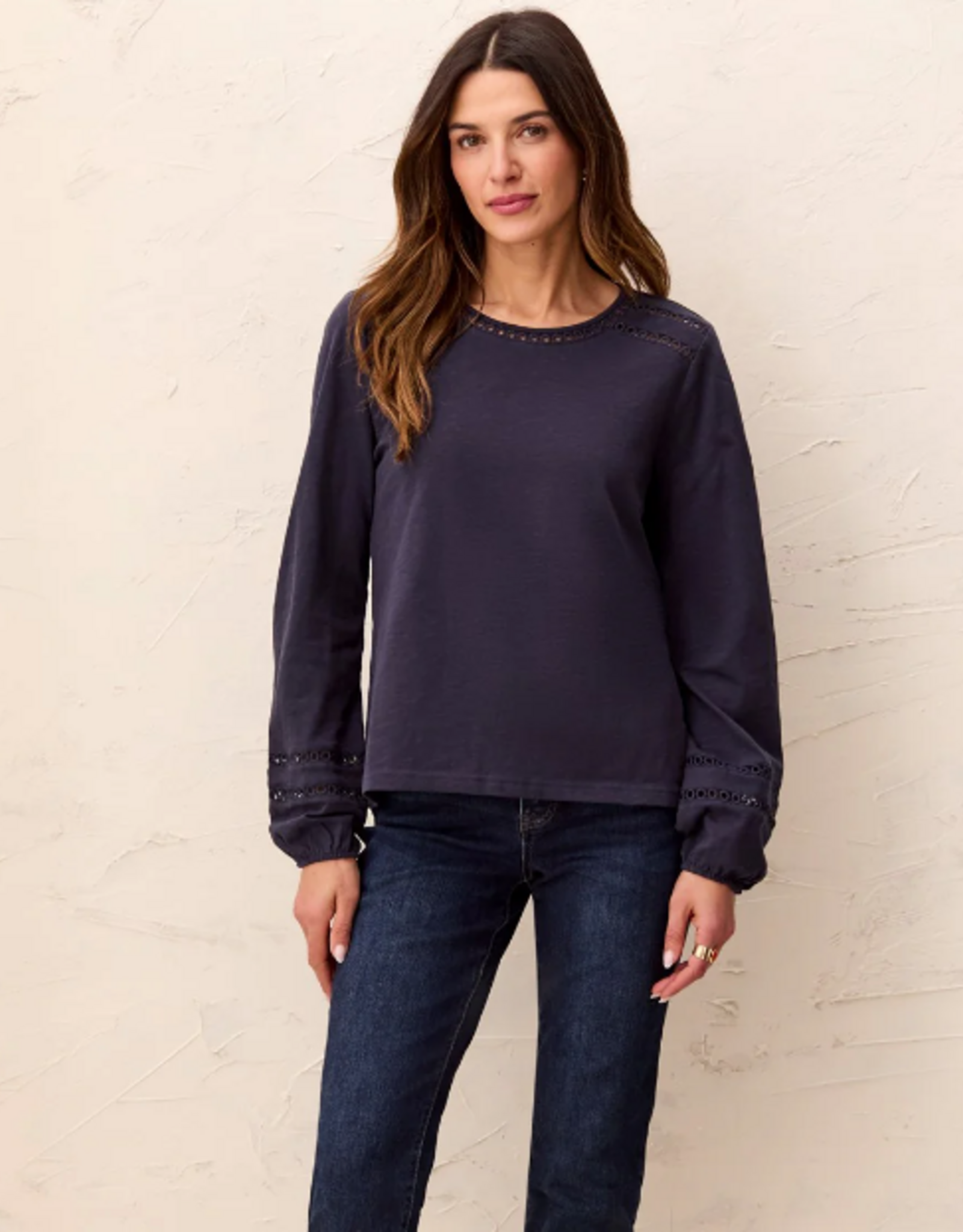 Tribal Tribal  Sapphire Round Neck Cotton Slub Eyelet Trim L/S Knit Top