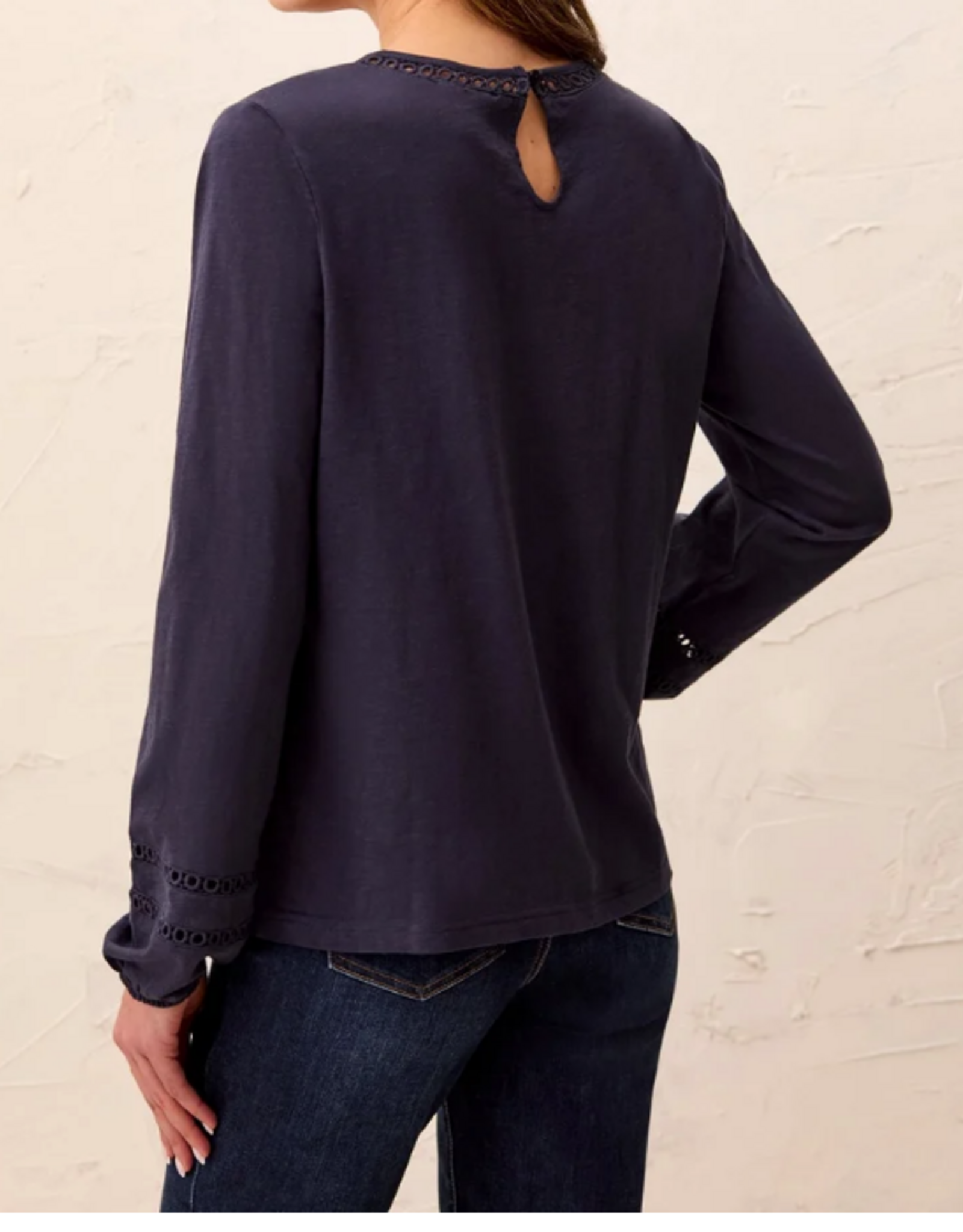 Tribal Tribal  Sapphire Round Neck Cotton Slub Eyelet Trim L/S Knit Top