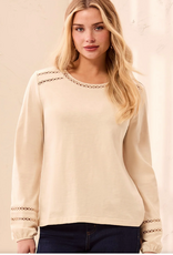 Tribal Tribal Moonstone Round Neck Cotton Slub Eyelet Trim L/S Knit Top