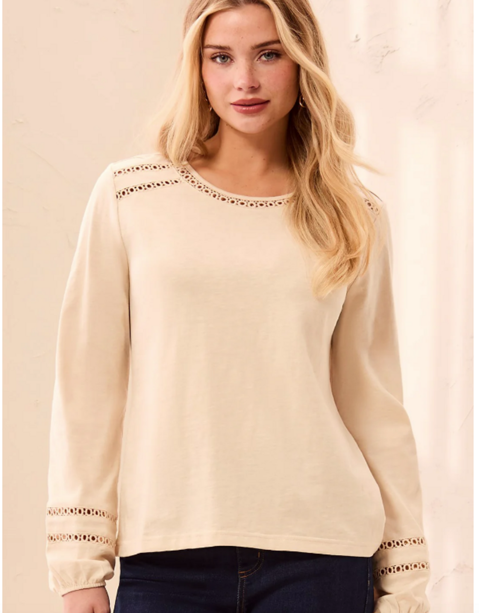 Tribal Tribal Moonstone Round Neck Cotton Slub Eyelet Trim L/S Knit Top