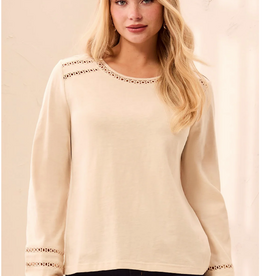 Tribal Tribal Moonstone Round Neck Cotton Slub Eyelet Trim L/S Knit Top