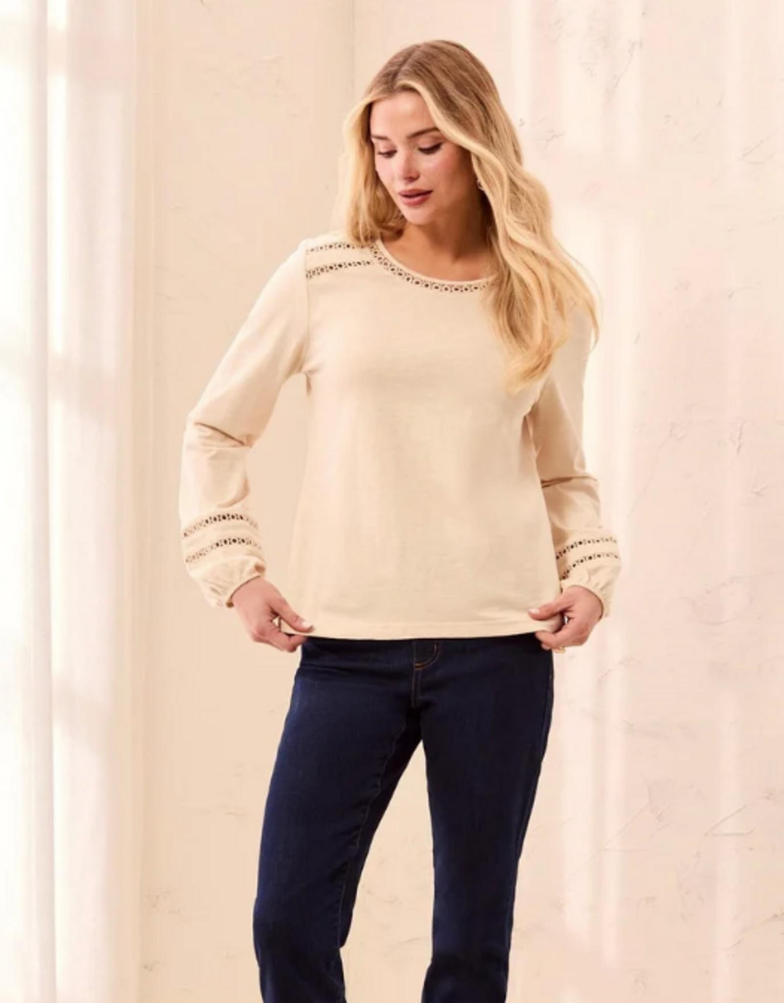 Tribal Tribal Moonstone Round Neck Cotton Slub Eyelet Trim L/S Knit Top