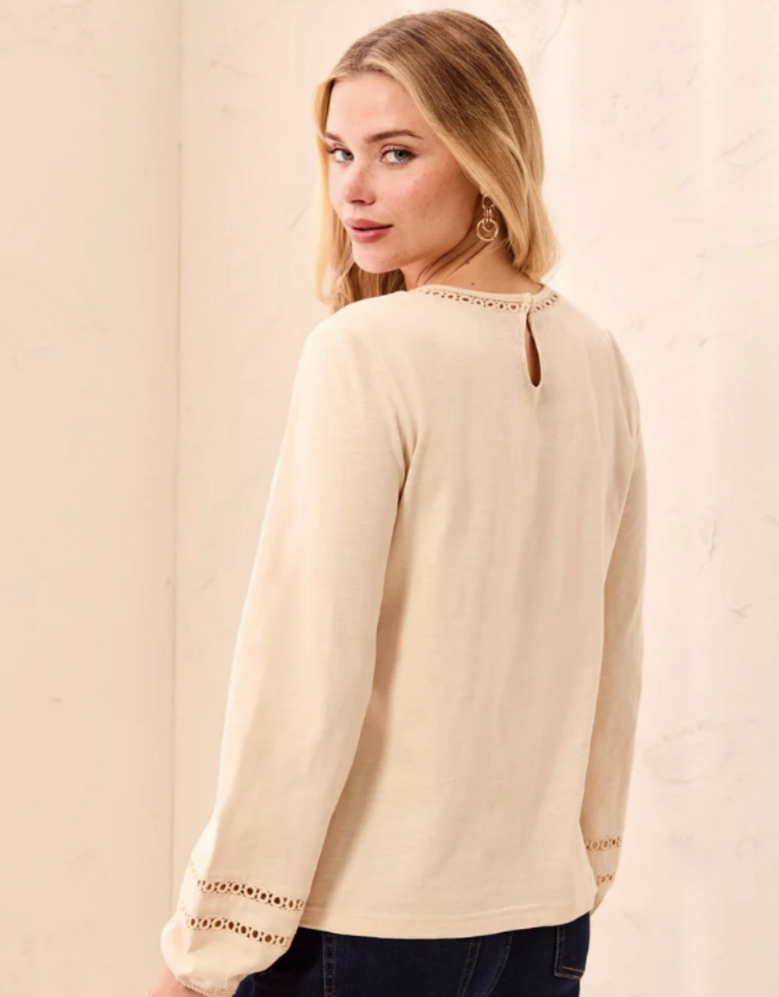 Tribal Tribal Moonstone Round Neck Cotton Slub Eyelet Trim L/S Knit Top