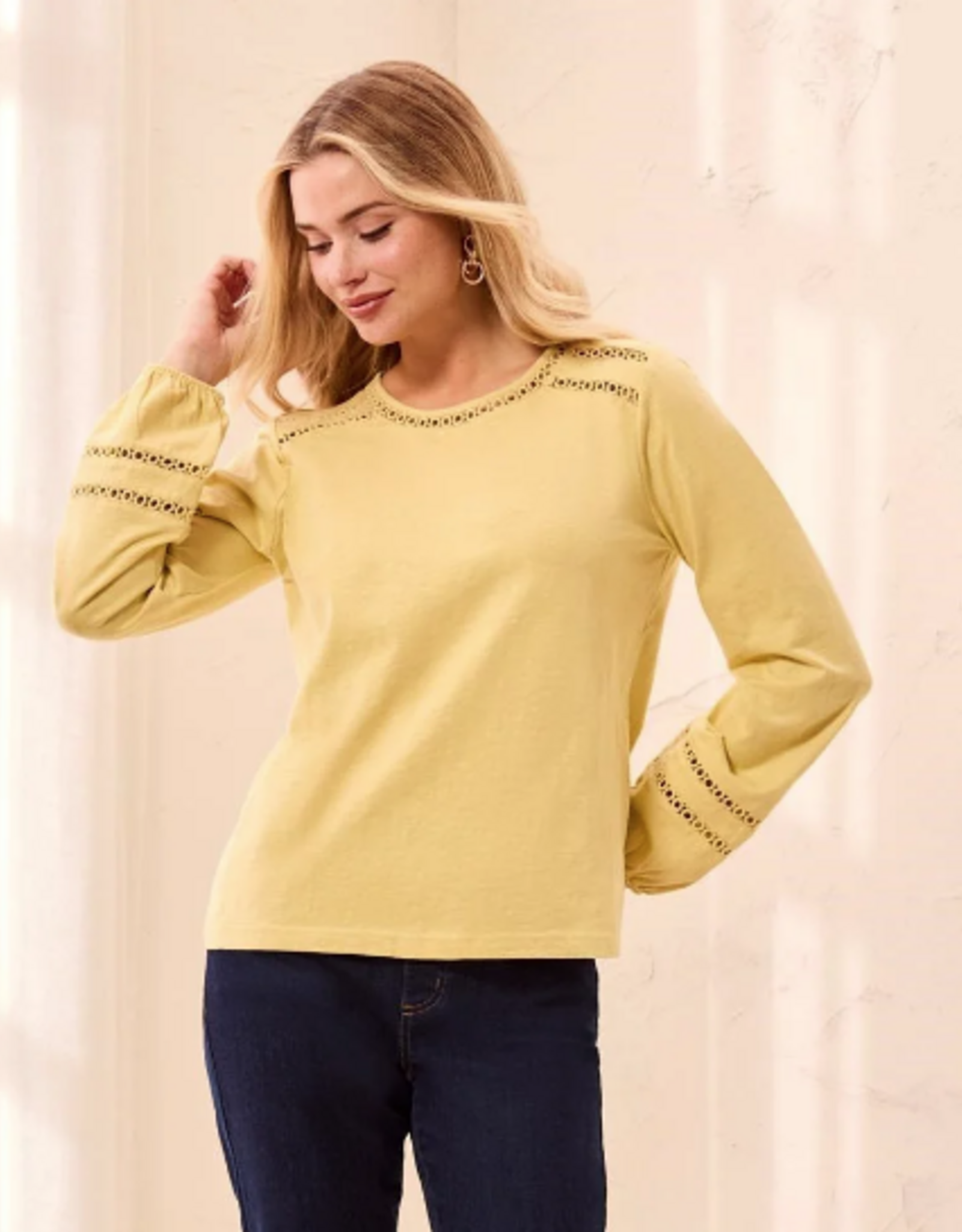 Tribal Tribal Light Pear Round Neck Cotton Slub Eyelet Trim L/S Knit Top