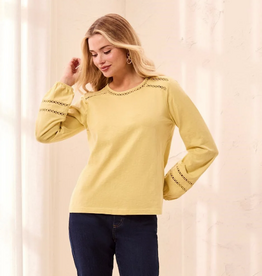 Tribal Tribal Light Pear Round Neck Cotton Slub Eyelet Trim L/S Knit Top