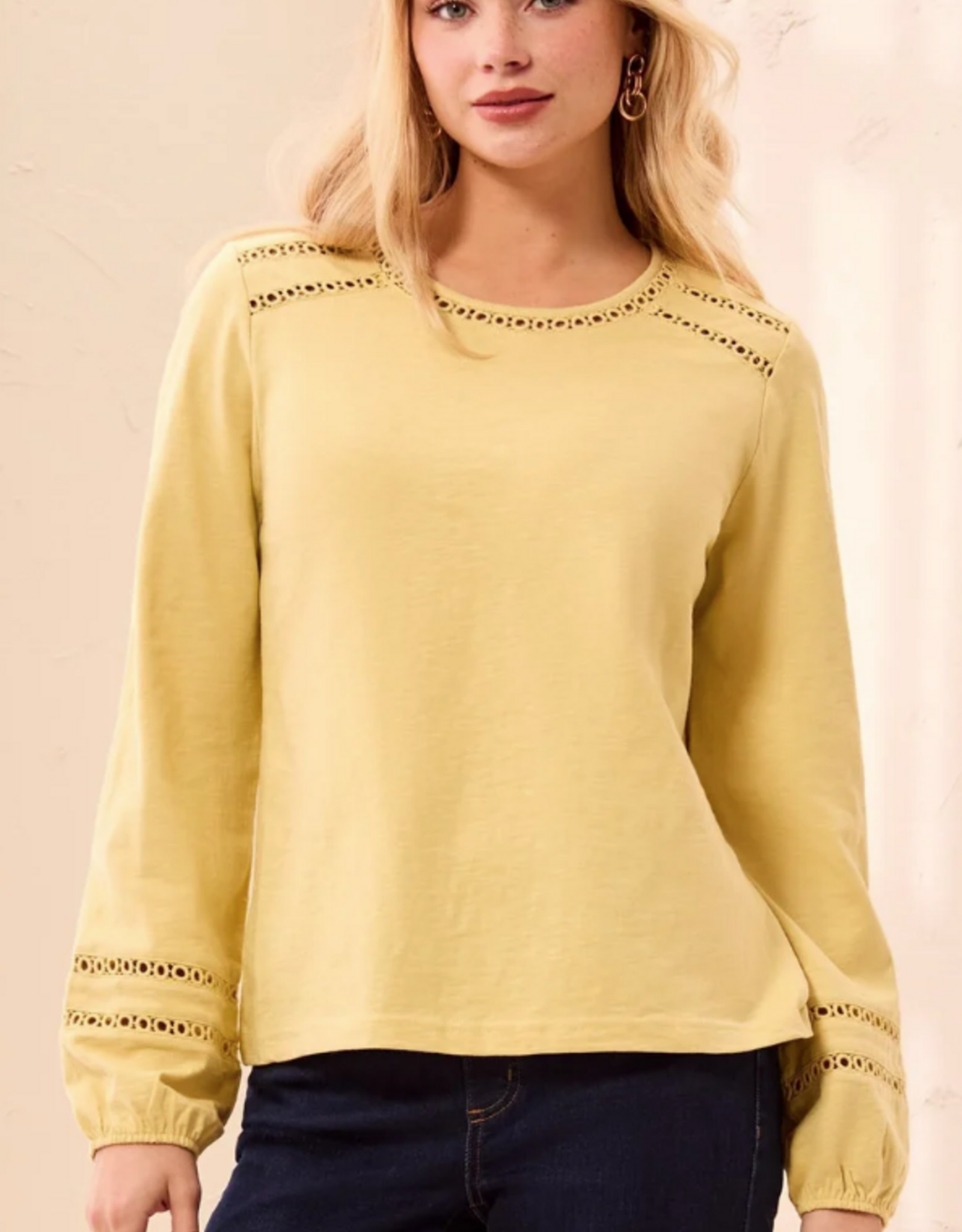 Tribal Tribal Light Pear Round Neck Cotton Slub Eyelet Trim L/S Knit Top