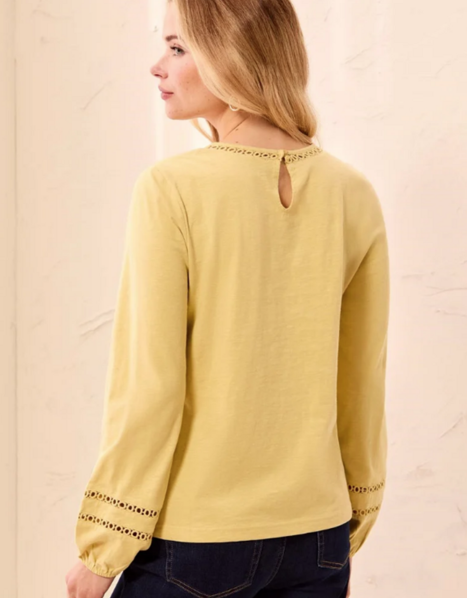 Tribal Tribal Light Pear Round Neck Cotton Slub Eyelet Trim L/S Knit Top