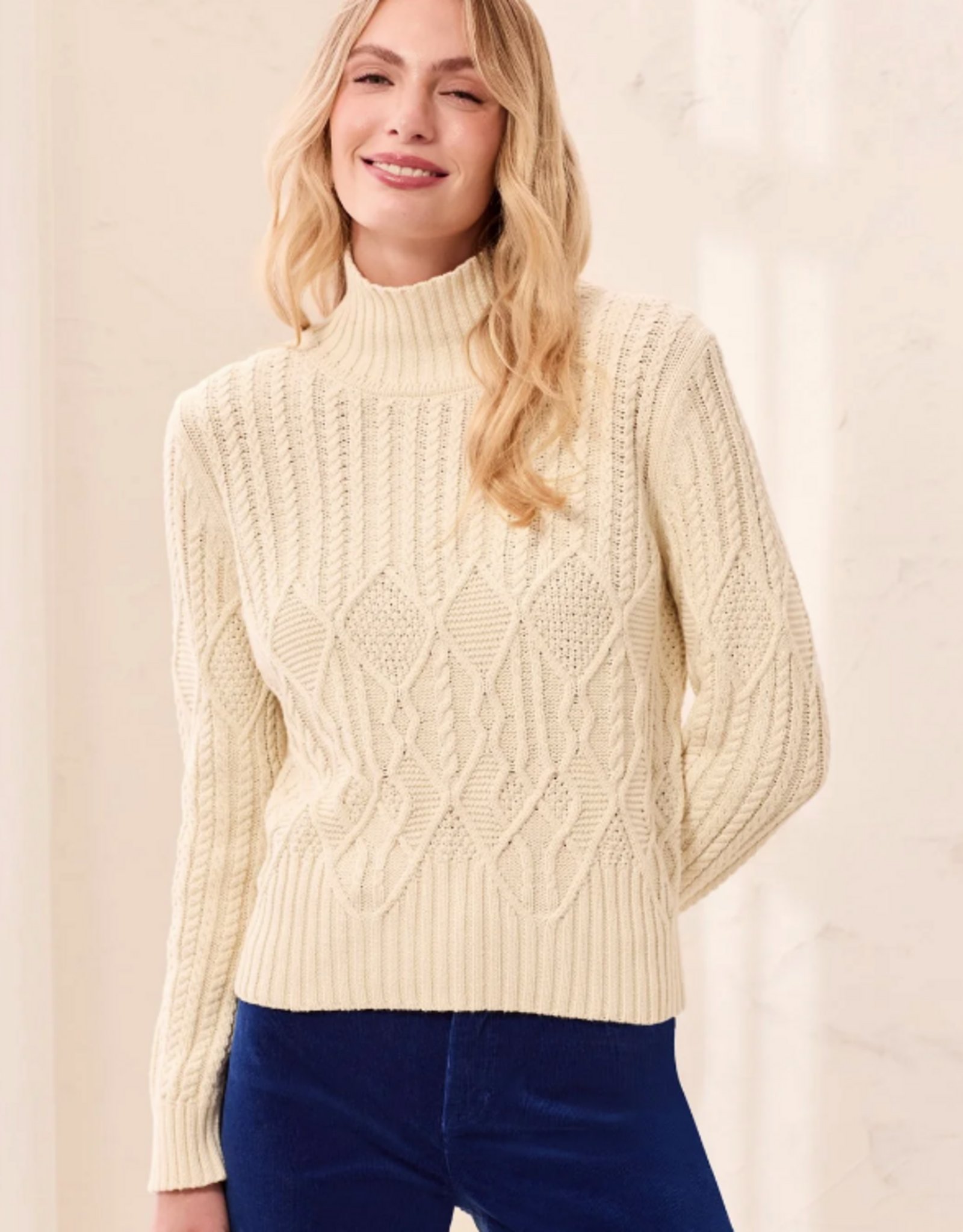 Tribal Tribal Antique White Cable Knit Mock Neck Special Wash Sweater