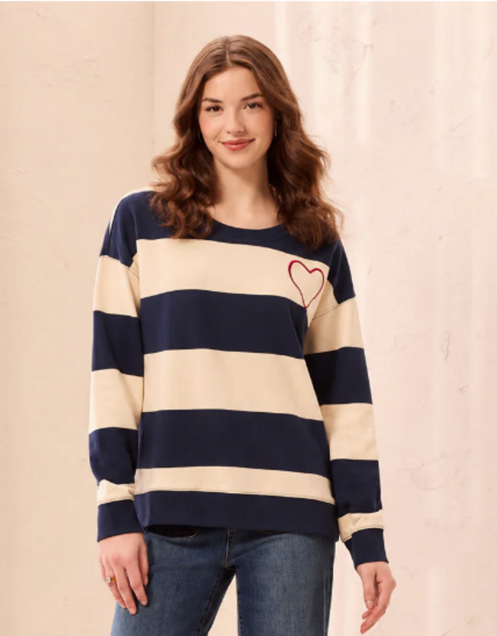 Tribal Tribal Jet Blue Embroidered Heart Drop Shoulder L/S Cotton Top