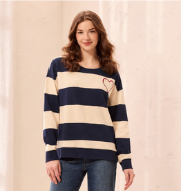 Tribal Tribal Jet Blue Embroidered Heart Drop Shoulder L/S Cotton Top