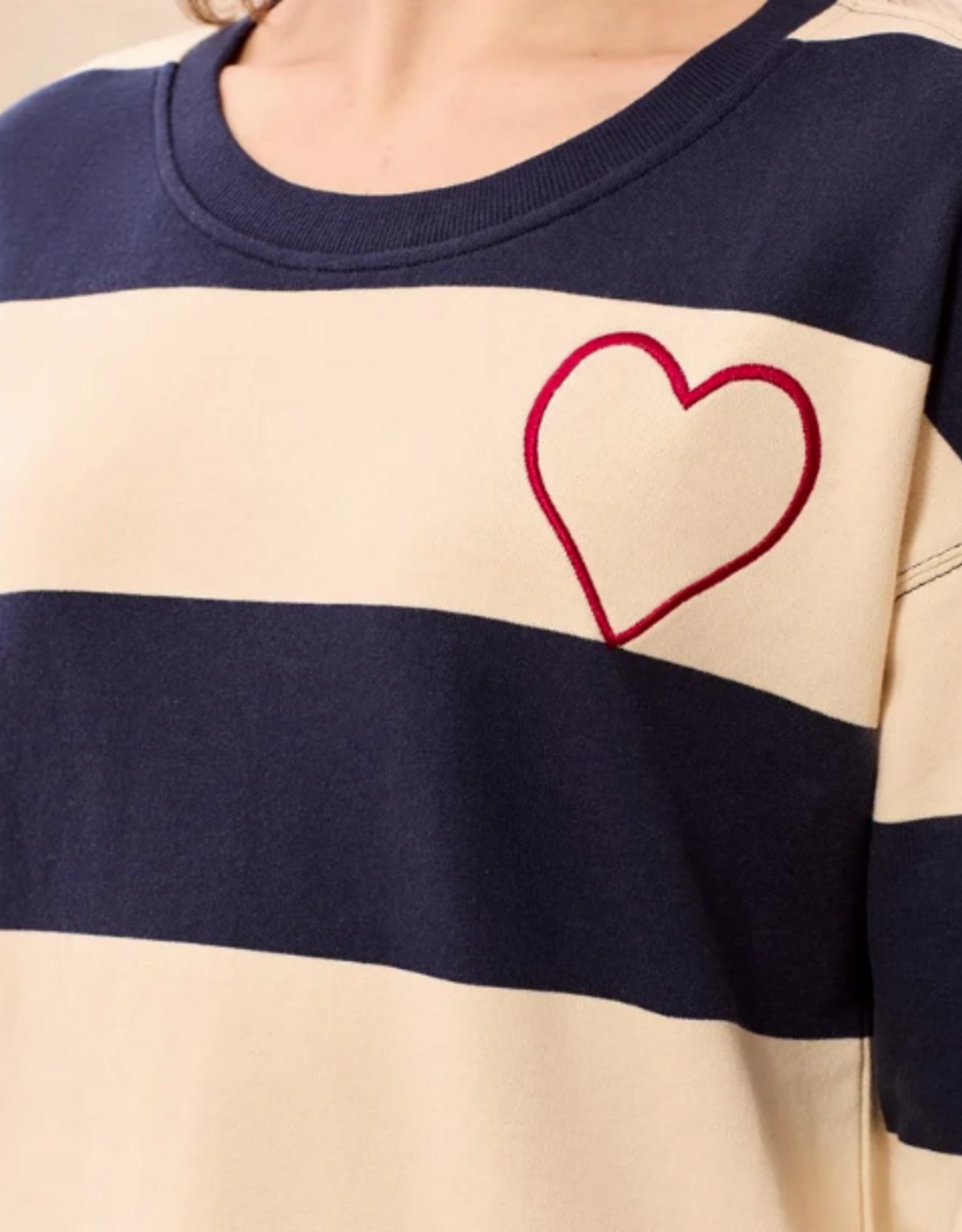 Tribal Tribal Jet Blue Embroidered Heart Drop Shoulder L/S Cotton Top