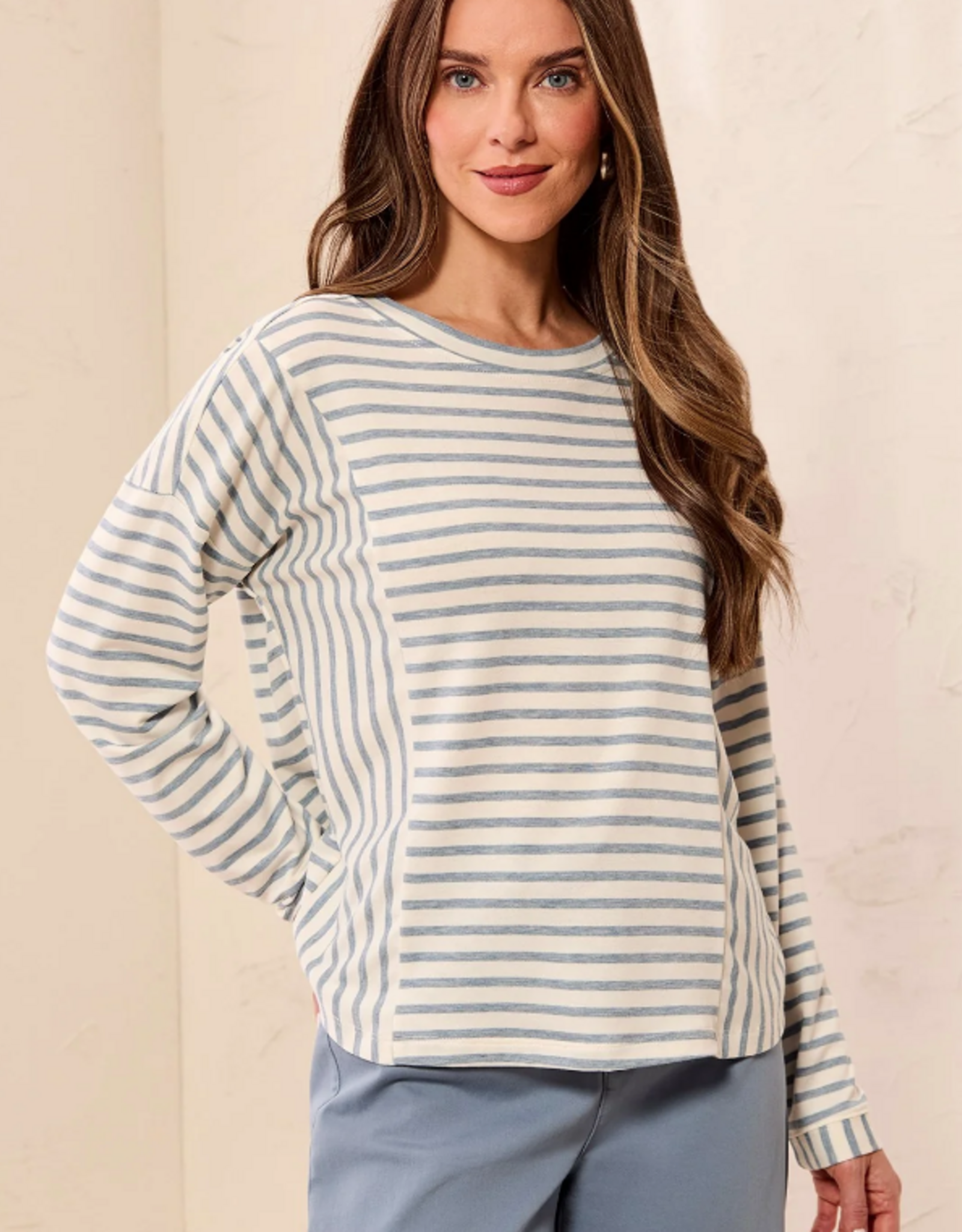 Tribal Tribal  Blue Fog  Striped Crew Neck Long Sleeve Knit Top