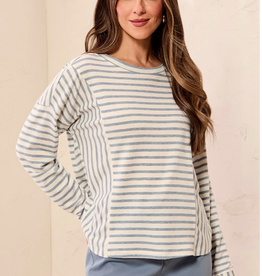 Tribal Tribal Blue Fog  Striped Crew Neck Long Sleeve Knit Top