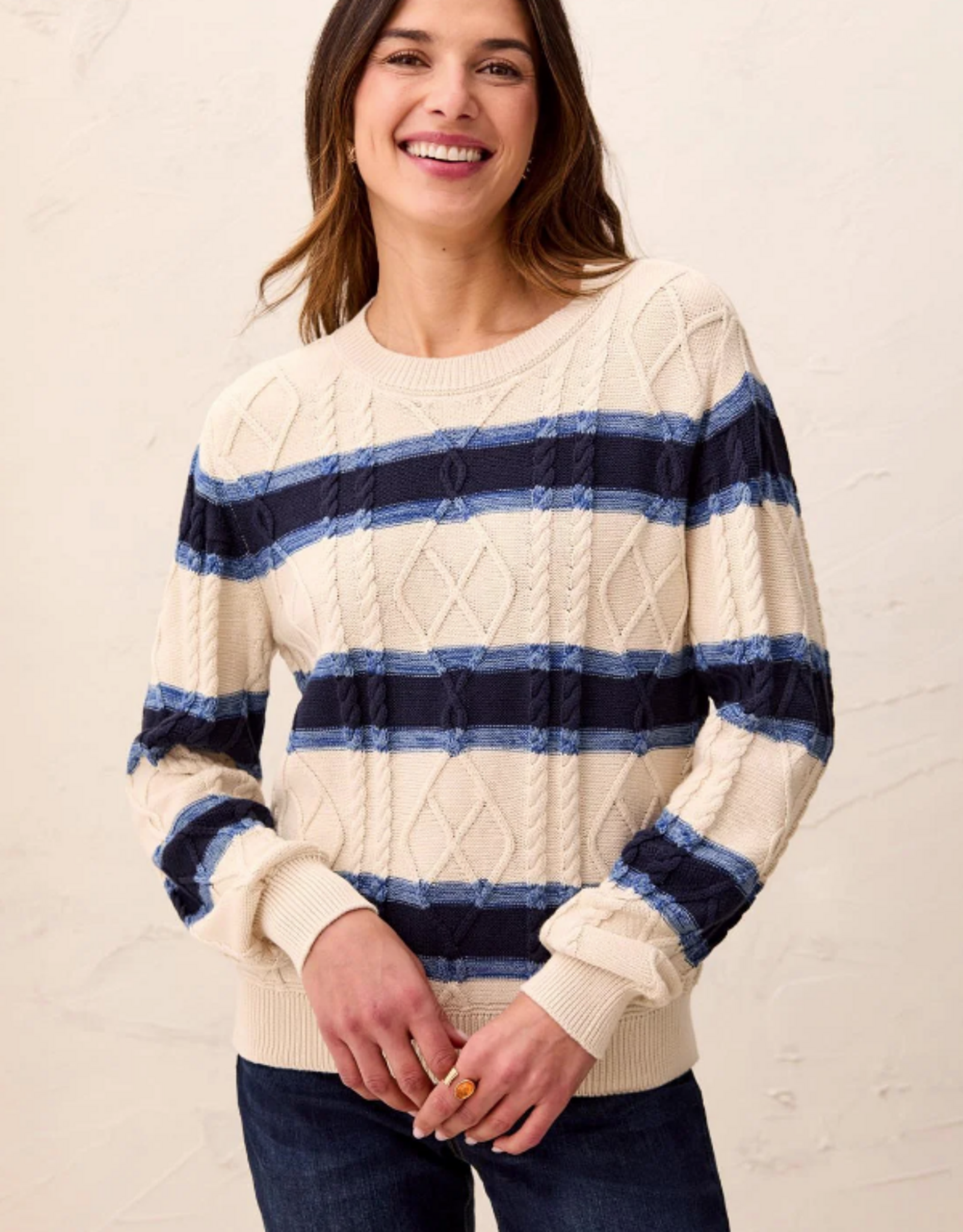 Tribal Tribal Cable Knit Stripe Crew Neck Cotton Sweater